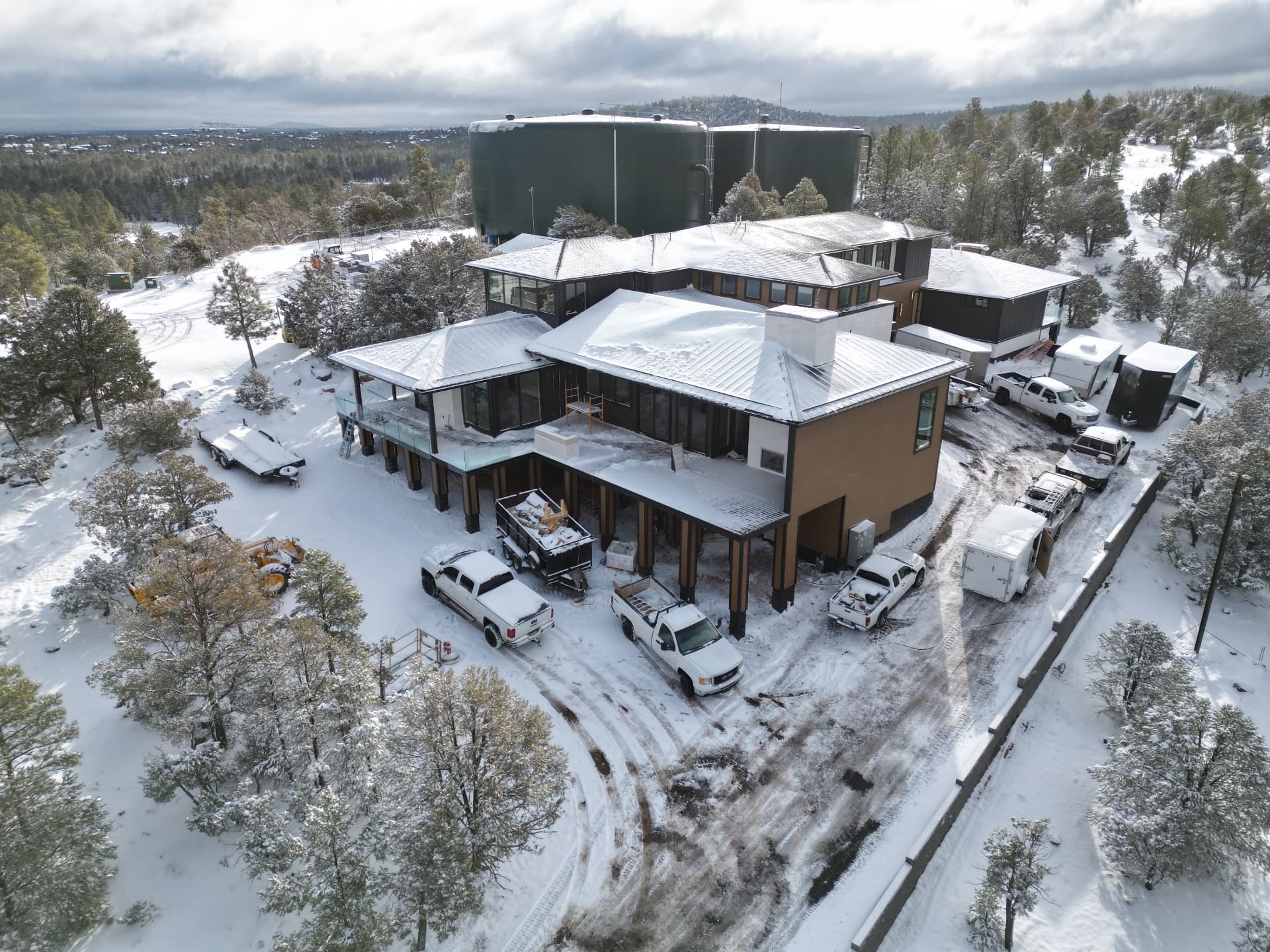 Modern mountain residence — winter aerial