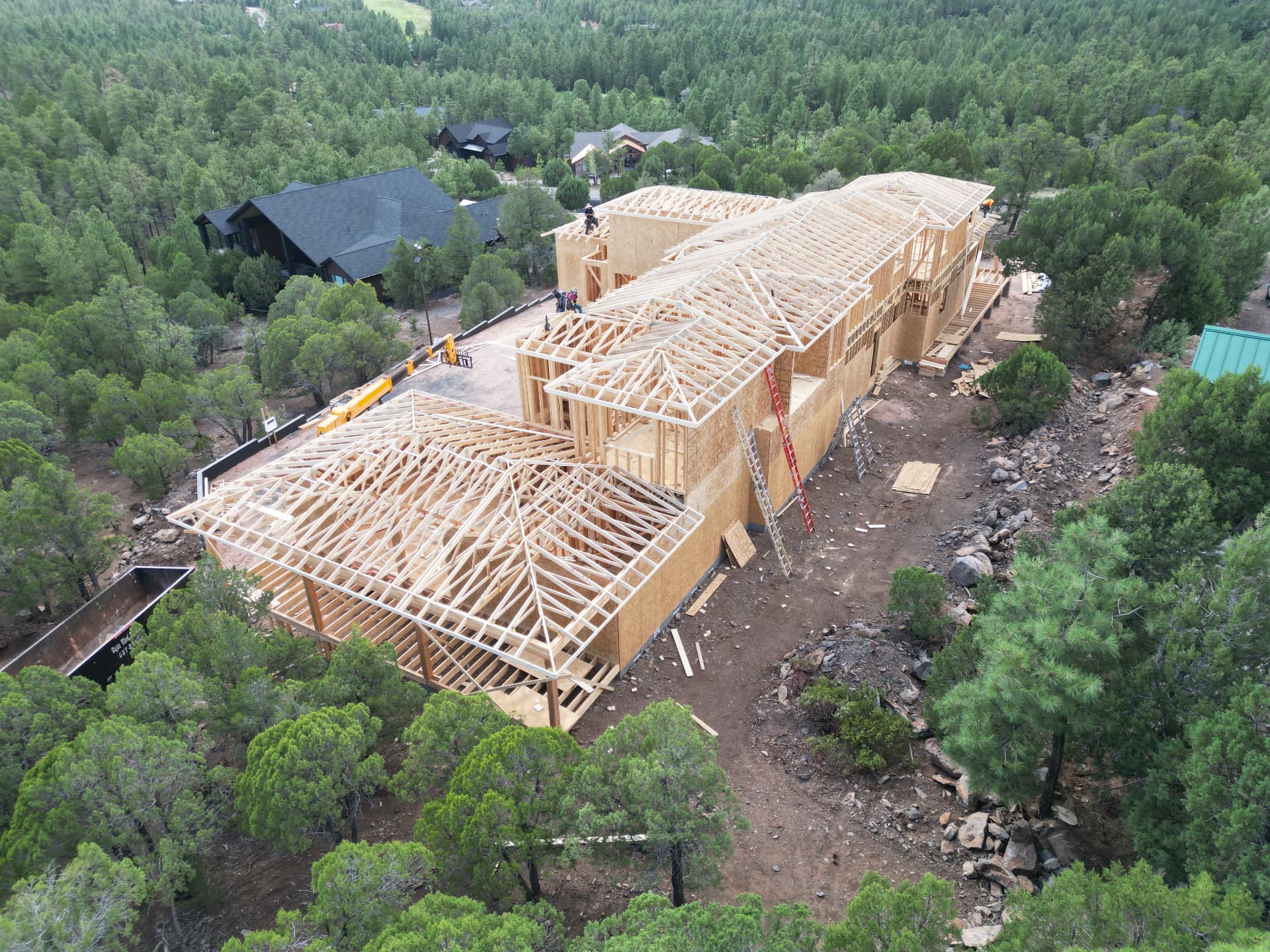 Mountain residence — roof trusses set aerial